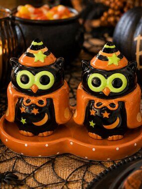 Halloween Owl Witch Salt & Pepper Shakers with Matching Tray Ceramic 3 Piece Set